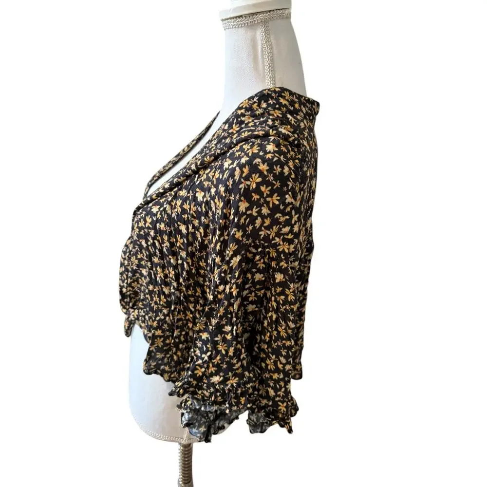 Free People Calisto Bed Jacket Tie Front Top Blackbird Combo XS